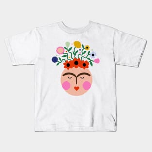 Cute colorful summer flowers Frida kahlo portrait mexican feminist painter viva la vida Kids T-Shirt